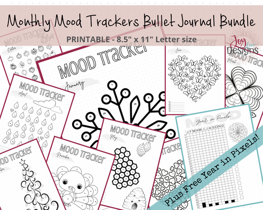 12 Monthly Mood Trackers Bullet Dotted Journal Pages Instant Download Printable Planner | Plus FREE Year in Pixels