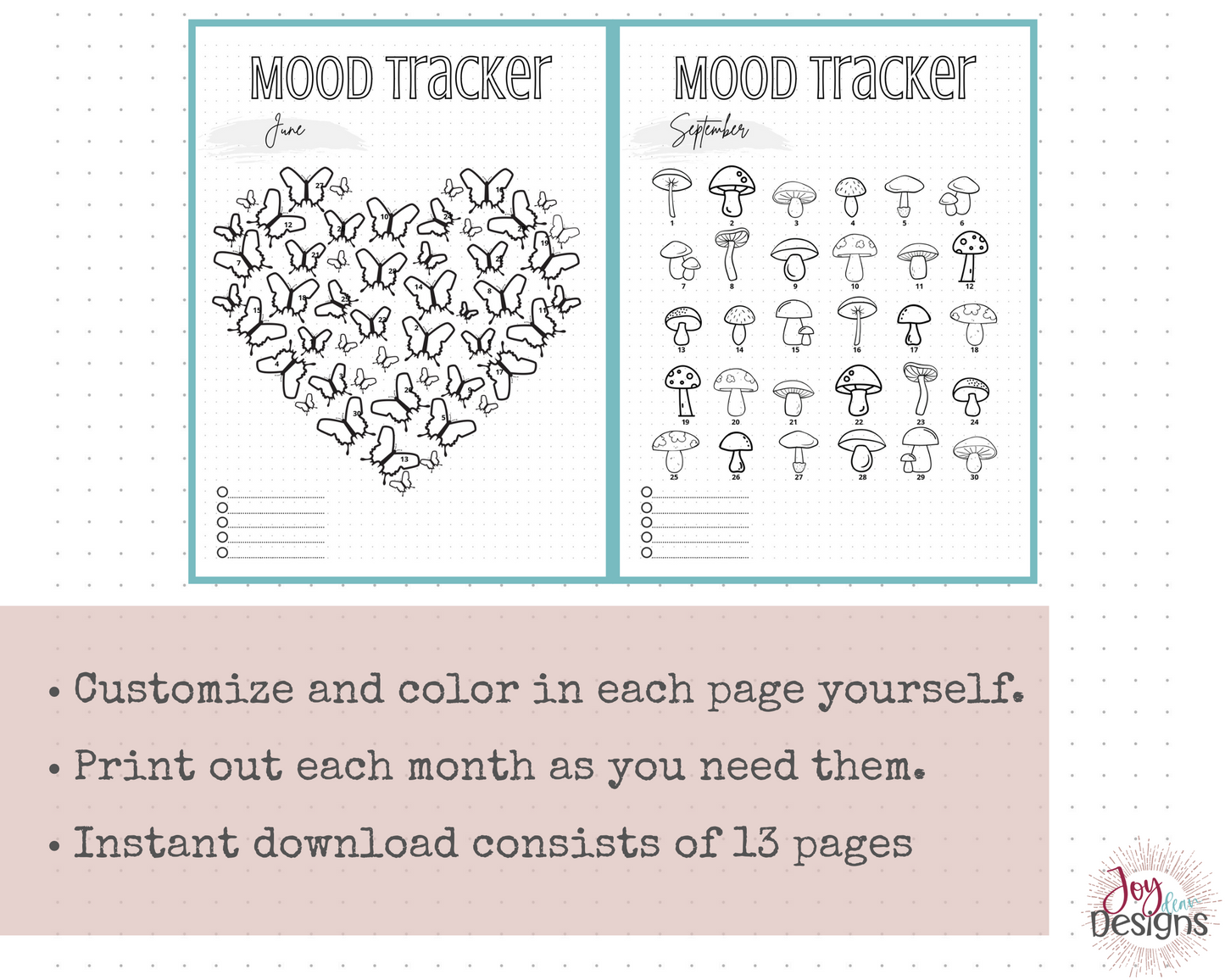 12 Monthly Mood Trackers Bullet Dotted Journal Pages Instant Download Printable Planner | Plus FREE Year in Pixels