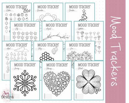 12 Monthly Mood Trackers Bullet Dotted Journal Pages Instant Download Printable Planner | Plus FREE Year in Pixels