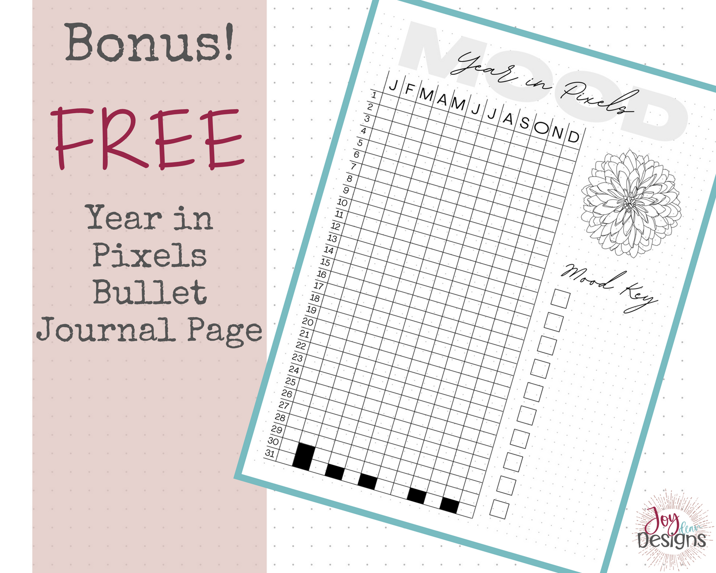 12 Monthly Mood Trackers Bullet Dotted Journal Pages Instant Download Printable Planner | Plus FREE Year in Pixels