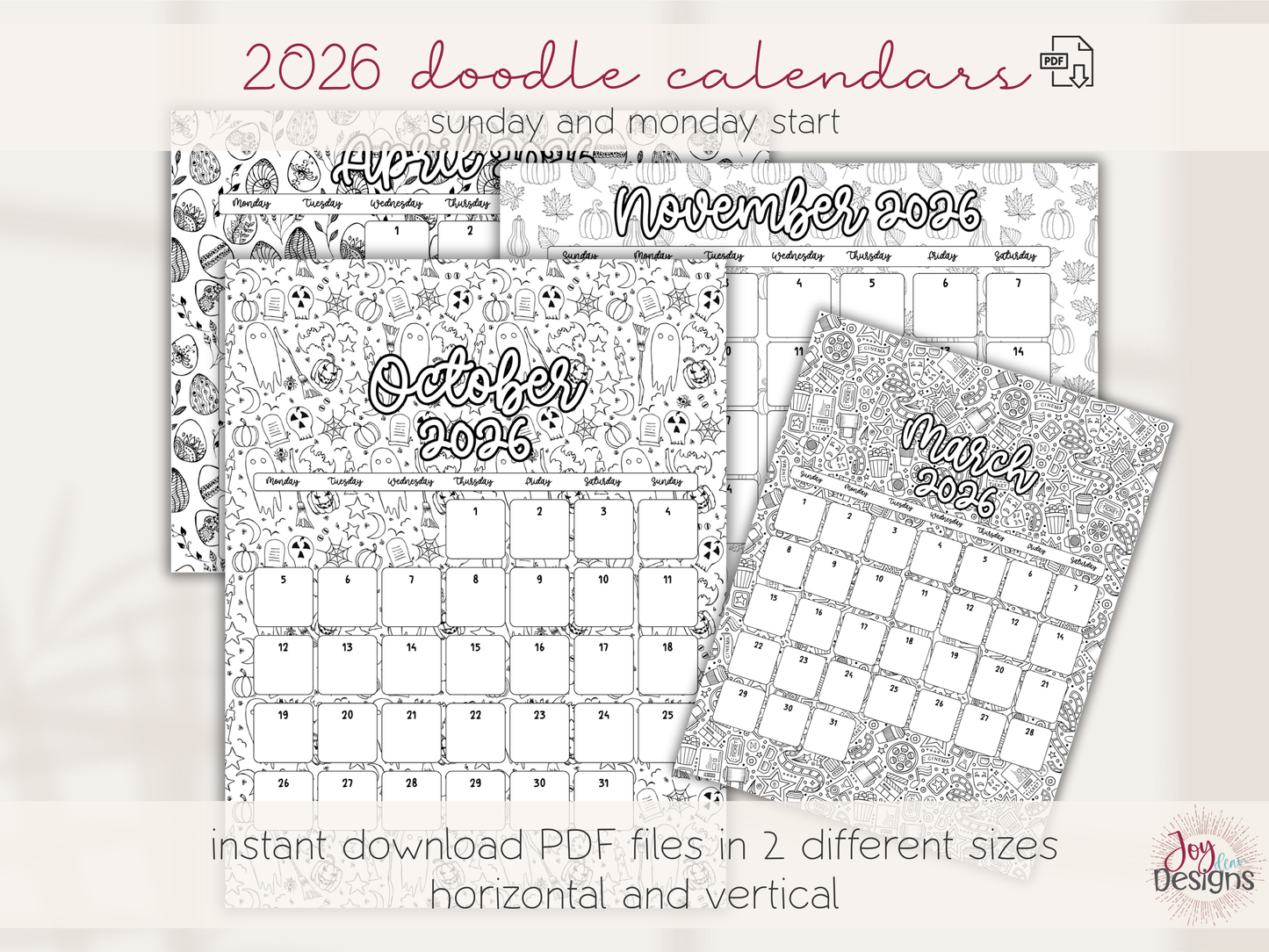 2026 Monthly Calendars Doodle Coloring Instant Download Printable Calendar 8.5x11 and A4