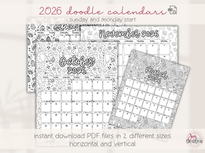 2026 Monthly Calendars Doodle Coloring Instant Download Printable Calendar 8.5x11 and A4