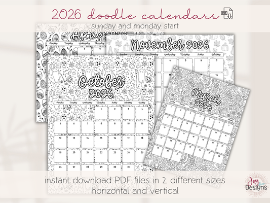 2026 Monthly Calendars Doodle Coloring Instant Download Printable Calendar 8.5x11 and A4