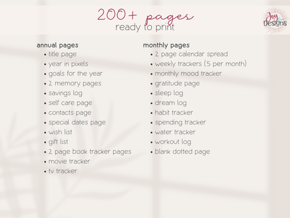 bullet dotted journal pages printable planner download instant pdf digital undated build your own journal 200 plus pages year in pixels goals memory pages savings log self care contacts special dates wishlist book tracker calendar weekly tracker mood tracker gratitude sleep dream habit spending water workout blank dotted goodnotes notability printable planner download bujo pages digital journaling productivity organization creativity mindfulness