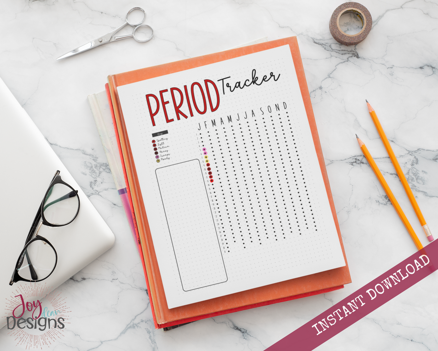 Daily Monthly Period Menstrual Cycle Tracker Bullet Dotted Journal Page Instant Download Printable Planner