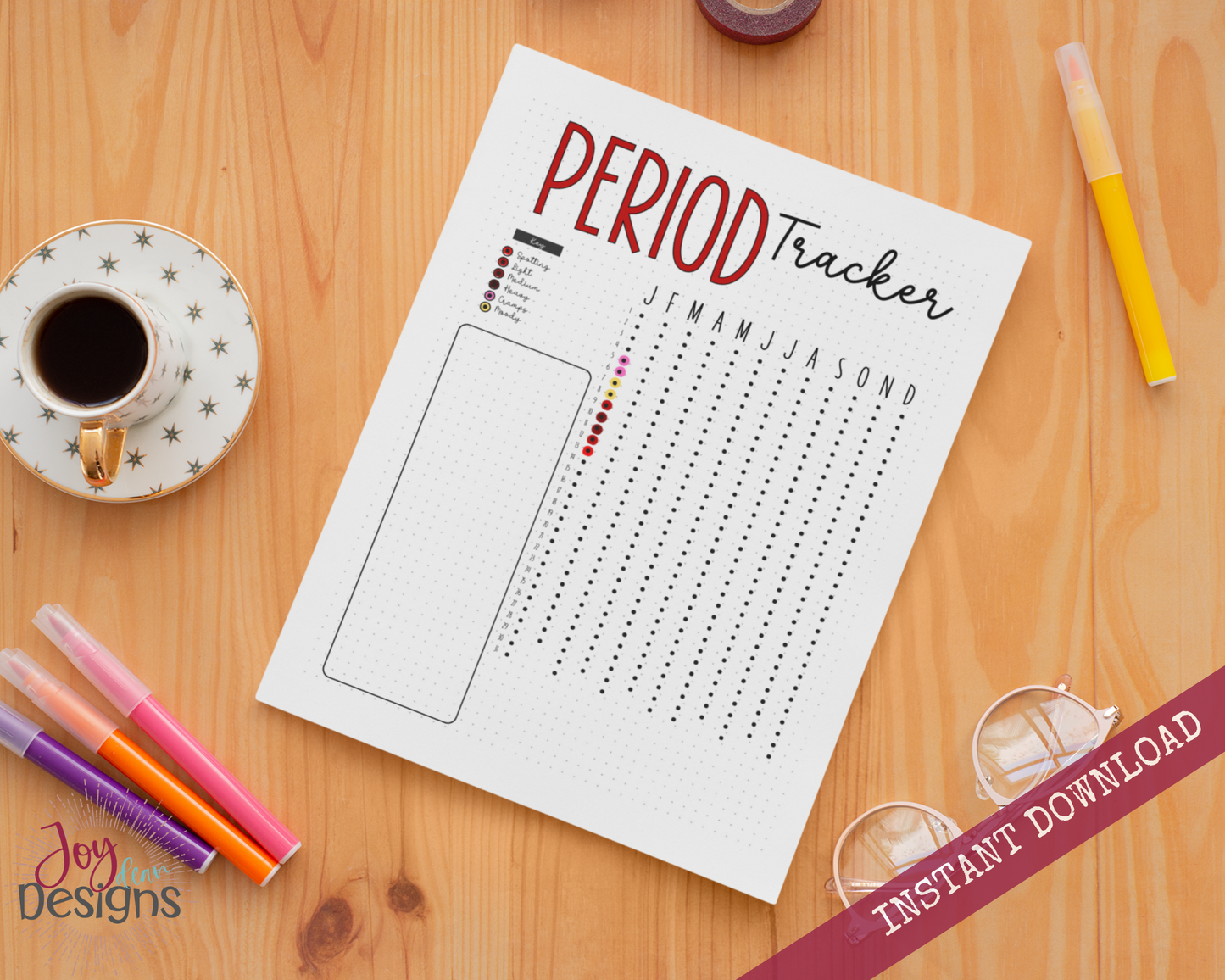 Daily Monthly Period Menstrual Cycle Tracker Bullet Dotted Journal Page Instant Download Printable Planner