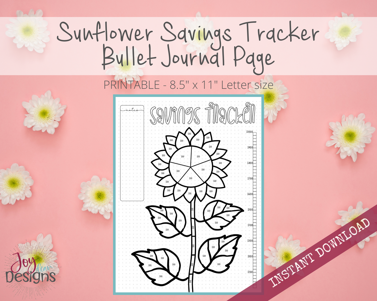 Sunflower Savings Tracker Bullet Dotted Journal Page Instant Download Printable Planner