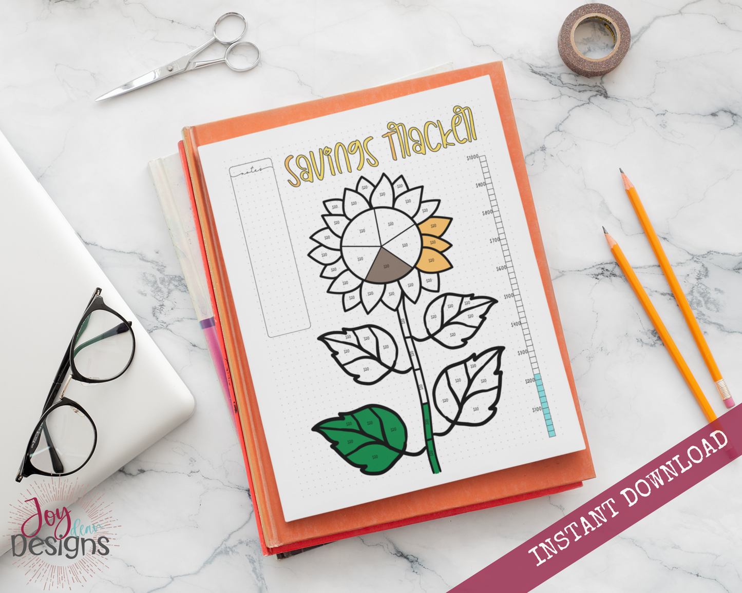 Sunflower Savings Tracker Bullet Dotted Journal Page Instant Download Printable Planner