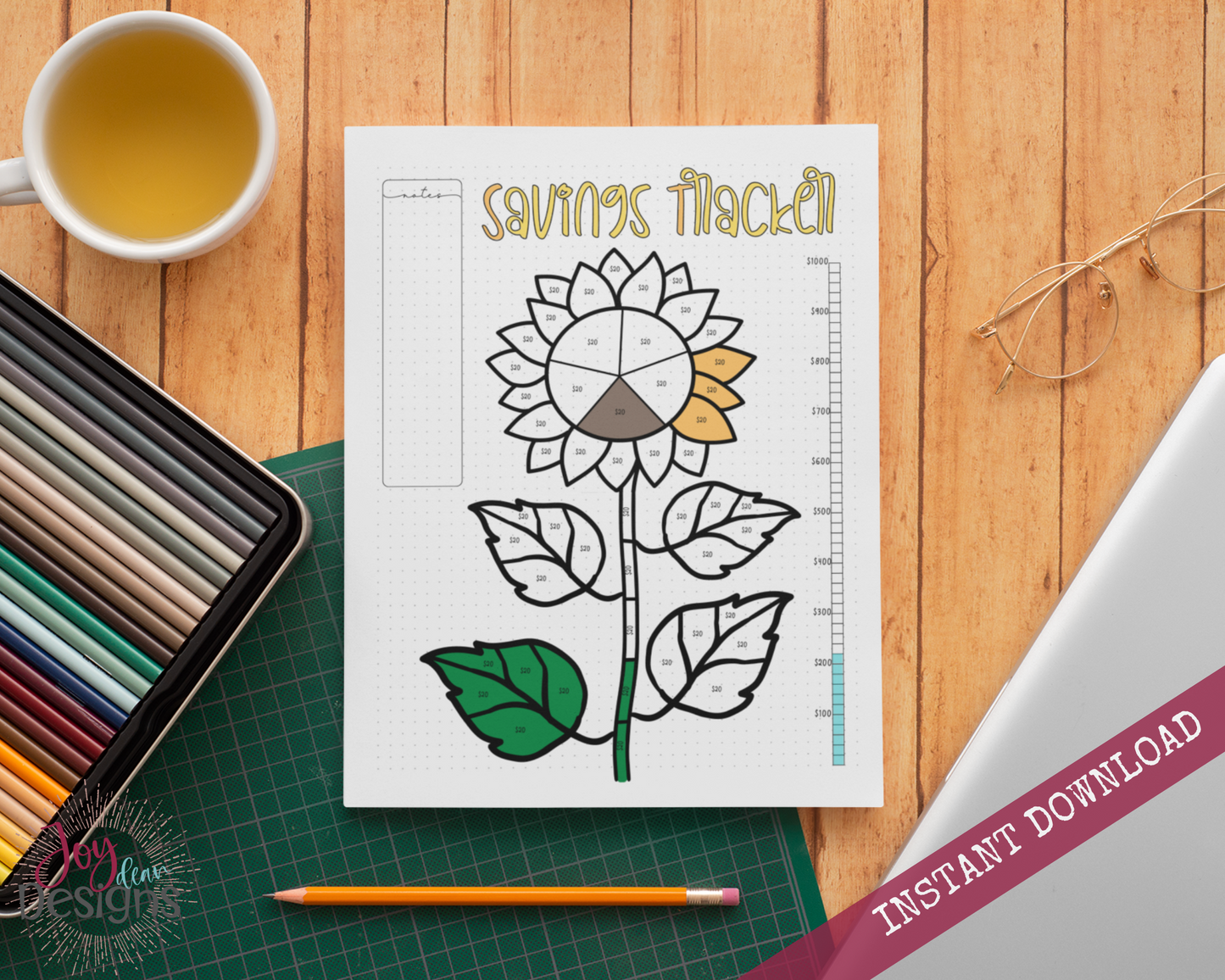 Sunflower Savings Tracker Bullet Dotted Journal Page Instant Download Printable Planner