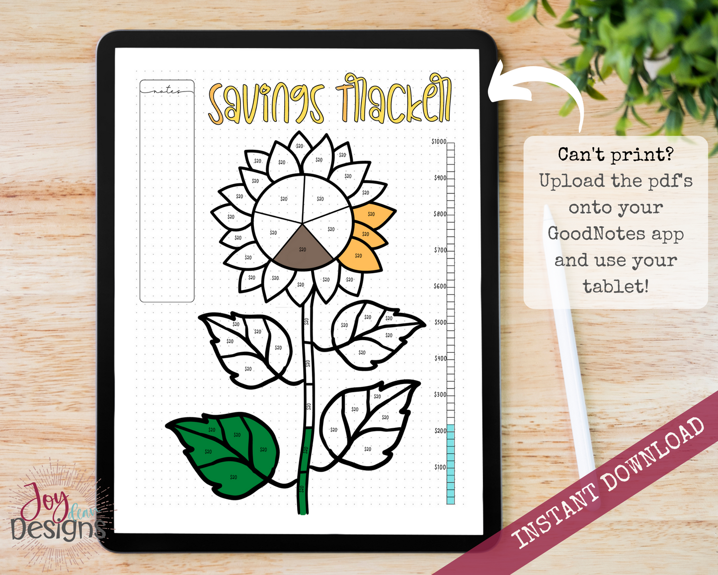 Sunflower Savings Tracker Bullet Dotted Journal Page Instant Download Printable Planner