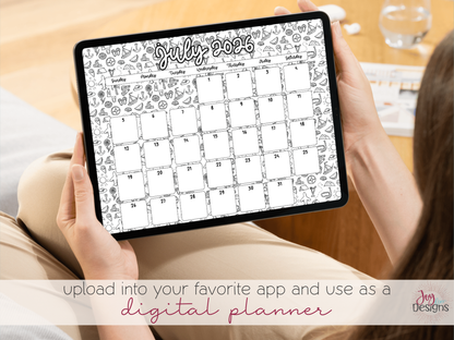 2026 Monthly Calendars Doodle Coloring Instant Download Printable Calendar 8.5x11 and A4