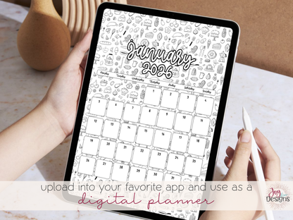 2026 Monthly Calendars Doodle Coloring Instant Download Printable Calendar 8.5x11 and A4