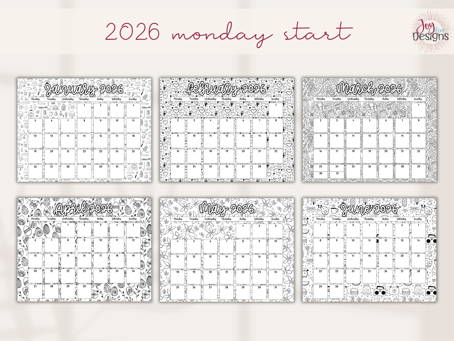 2026 Monthly Calendars Doodle Coloring Instant Download Printable Calendar 8.5x11 and A4