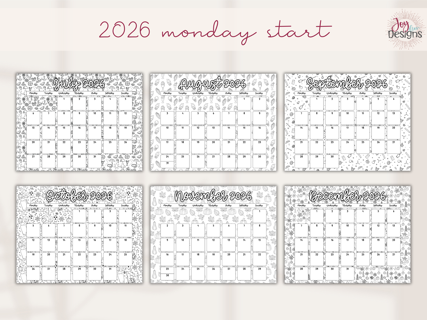 2026 Monthly Calendars Doodle Coloring Instant Download Printable Calendar 8.5x11 and A4