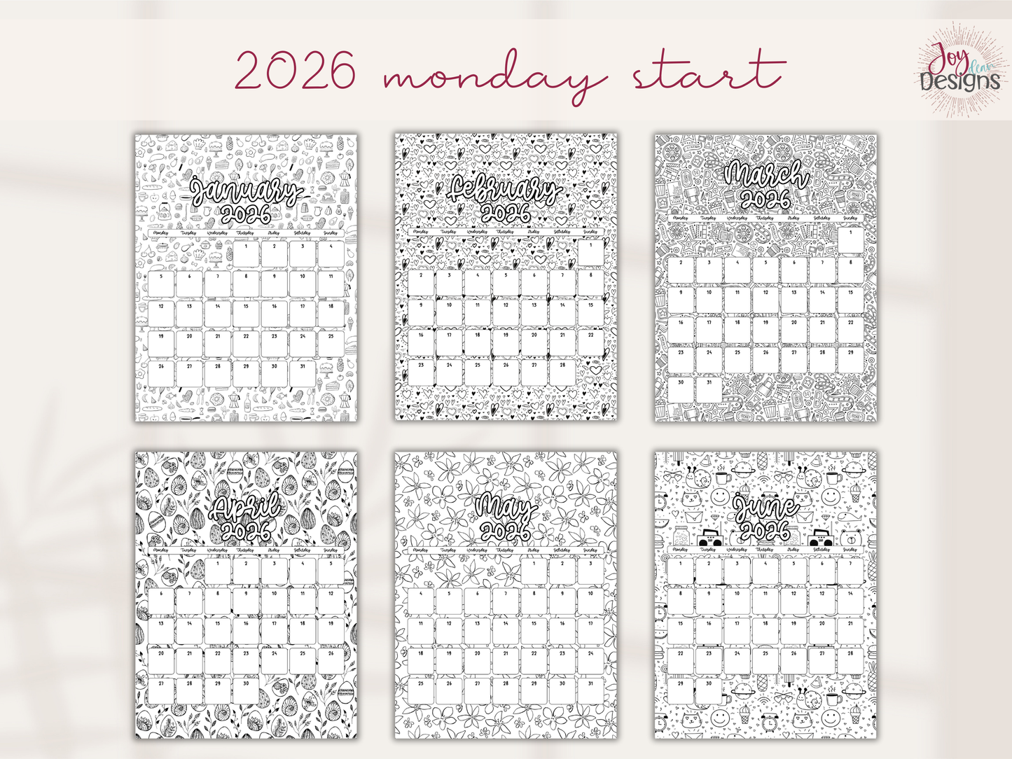 2026 Monthly Calendars Doodle Coloring Instant Download Printable Calendar 8.5x11 and A4