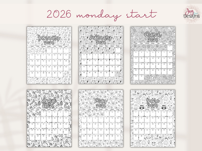 2026 Monthly Calendars Doodle Coloring Instant Download Printable Calendar 8.5x11 and A4