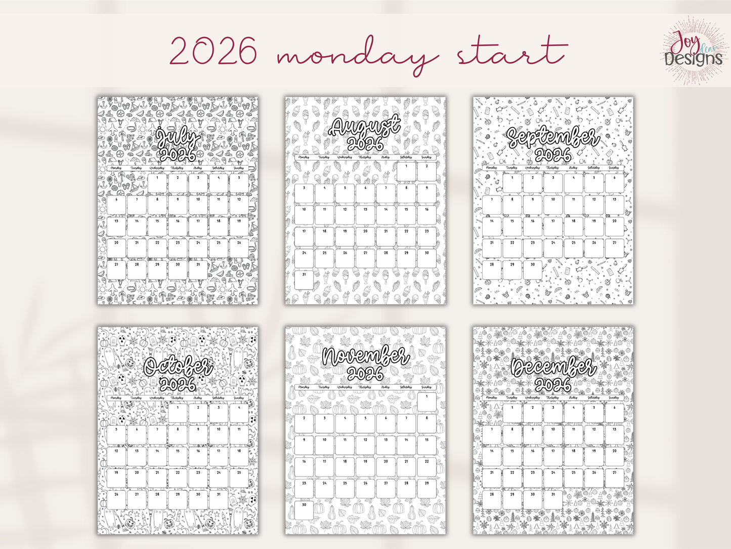 2026 Monthly Calendars Doodle Coloring Instant Download Printable Calendar 8.5x11 and A4