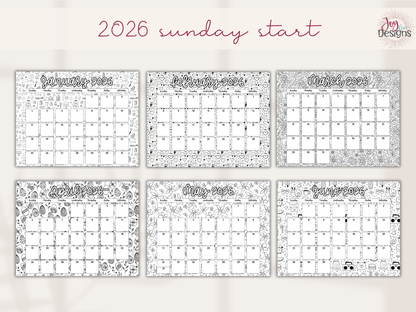 2026 Monthly Calendars Doodle Coloring Instant Download Printable Calendar 8.5x11 and A4