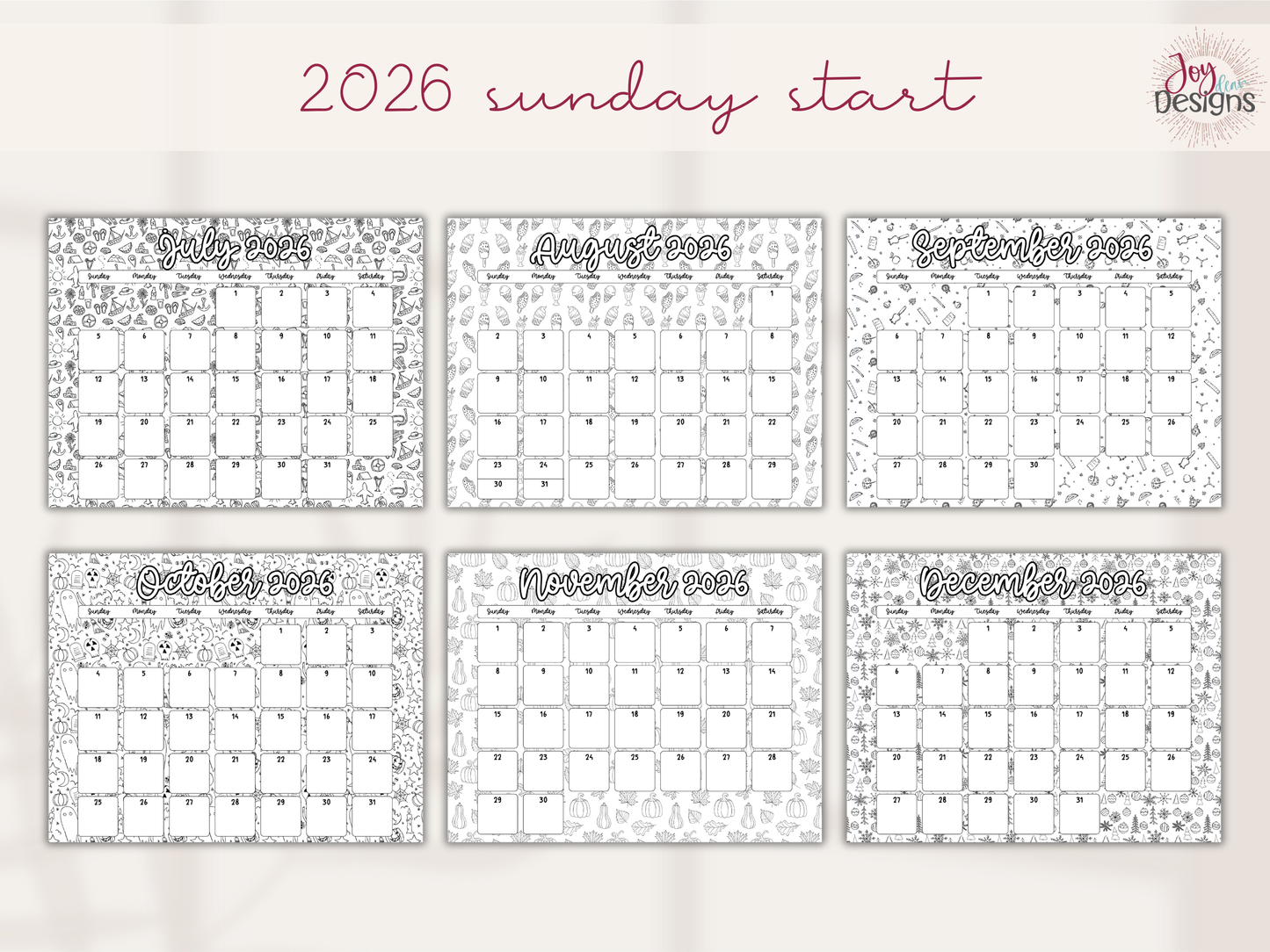 2026 Monthly Calendars Doodle Coloring Instant Download Printable Calendar 8.5x11 and A4