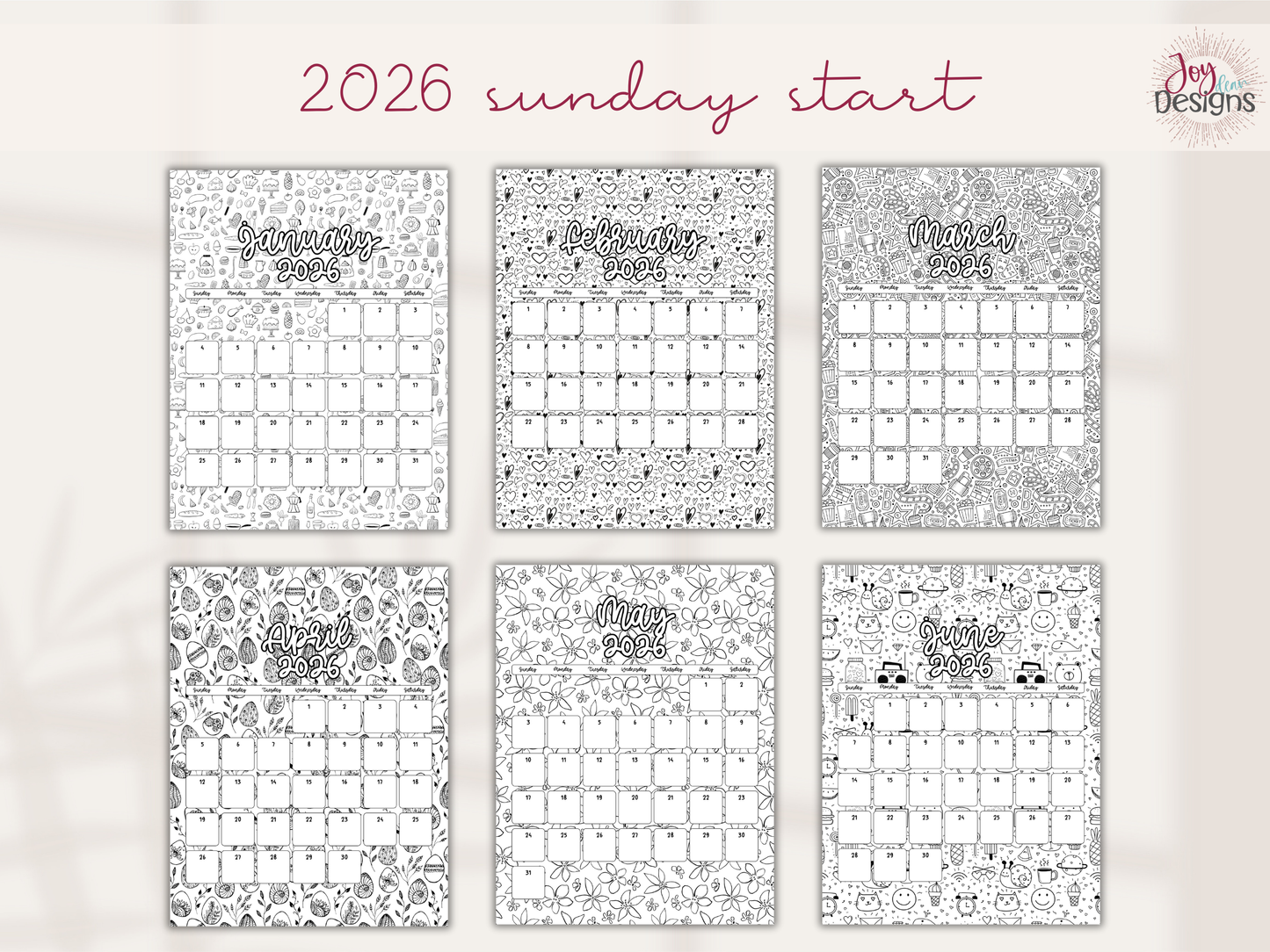2026 Monthly Calendars Doodle Coloring Instant Download Printable Calendar 8.5x11 and A4