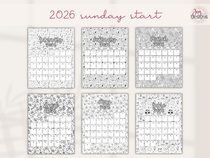 2026 Monthly Calendars Doodle Coloring Instant Download Printable Calendar 8.5x11 and A4