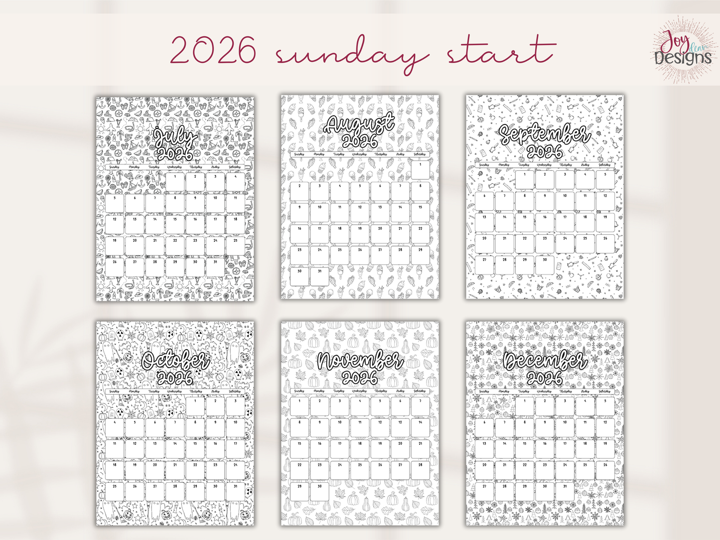 2026 Monthly Calendars Doodle Coloring Instant Download Printable Calendar 8.5x11 and A4