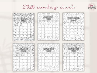 2026 Monthly Calendars Doodle Coloring Instant Download Printable Calendar 8.5x11 and A4