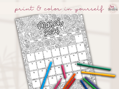 2026 Monthly Calendars Doodle Coloring Instant Download Printable Calendar 8.5x11 and A4